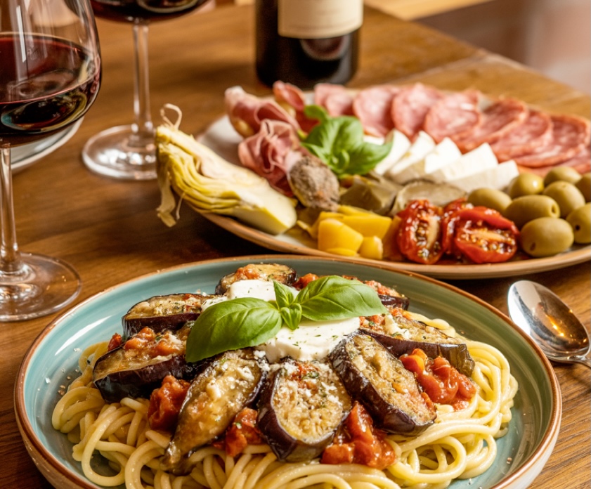 Plat de pâtes alla Norma avec aubergines grillées et mozzarella accompagné d'une assiette de charcuterie sicilienne et vin rouge