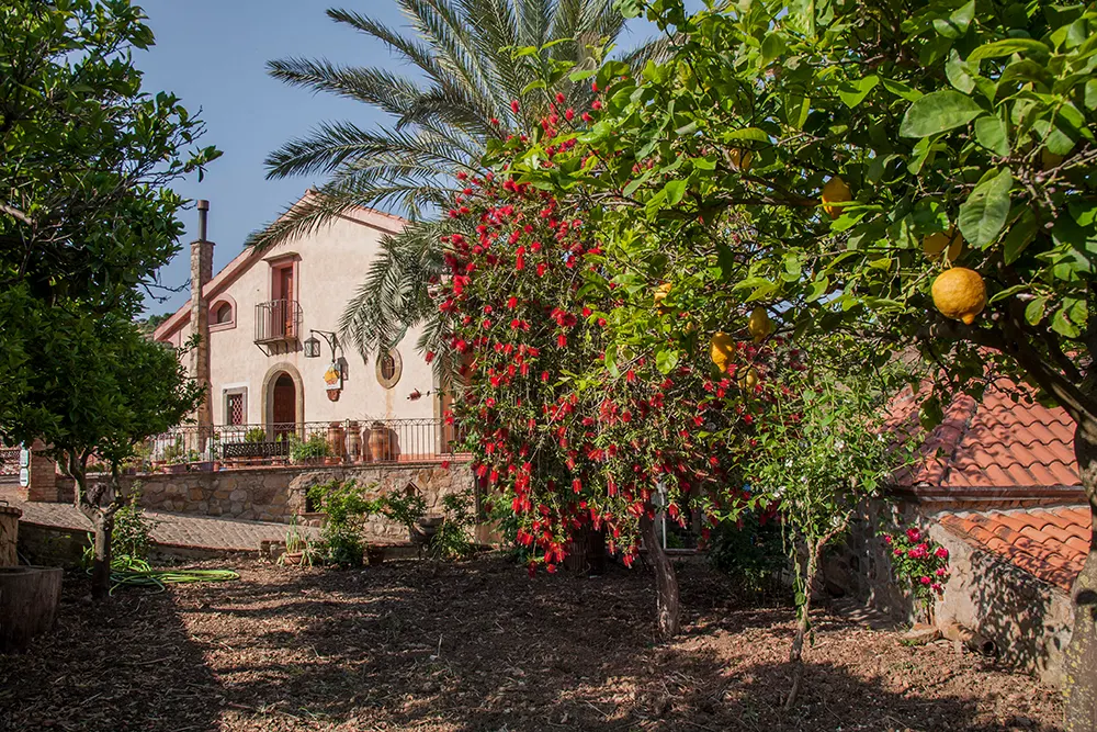 Vue extérieure de la Ferme Bergi à Castelbuono, Sicile, entourée de collines verdoyantes du parc naturel des Madonies.